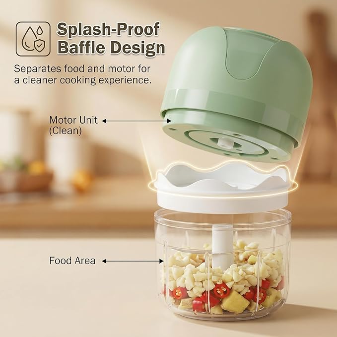 New Upgraded Dual-Cup Electric Garlic Chopper,Electric Mini Garlic Chopper, Portable Wireless Food Processor for Vegetables, Onion, Ginger, Chili, Meat – Rechargeable, Splash-Proof, Light Green