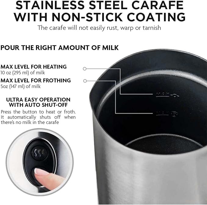 Ovente Electric Double Wall Insulated Non Stick Milk Frother and Steamer Hot & Cold 5 Ounce 10 Ounce Heated Capacity Warmer Whisker for Latte Cappuccino Espresso Coffee Hot Chocolate Chrome FR4810CH