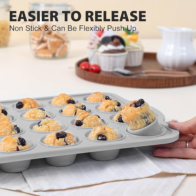 3Pcs Silicone Muffin Pan 6, 12 and 24 Cup with Metal Frame, Non Stick Jumbo Cupcake Pan with Handles, BPA Free Silicon Mini Muffin Tin Regular Tray For Baking,Egg Bites,Mold Light Grey