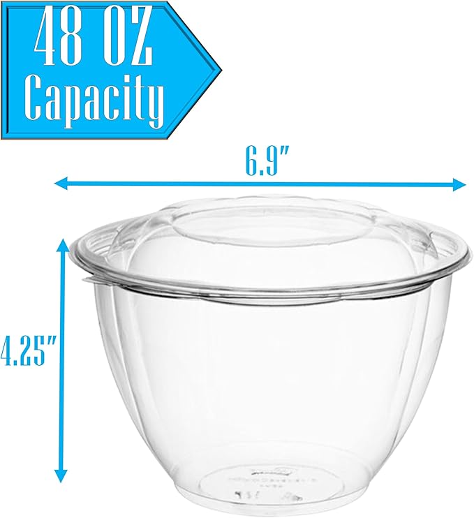 Mr Miracle Clear 48 Ounce Plastic Salad Bowls with Snap-On Lids. Pack 50. Airtight Disposable Salad Containers for Lunch, Meal Prep, Parties. Ideal as Disposable Salad Bowls with Lids