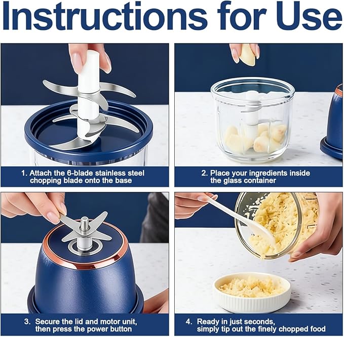 Electric Garlic Chopper, 2026 Upgraded Mini Food Processor 350ml, Cordless USB Rechargeable Food Chopper with 6 Stainless Steel Blades & Thickened Glass for Garlic Ginger Nuts Meat (350ml-Blue)