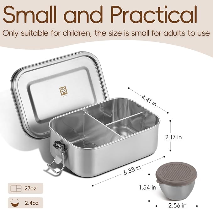GOLDEN KEY 27oz Stainless Steel Lunch Box for Kids,BPA Free Bento Box for Kids with Leakproof Condiment Container,3 Compartment Bento box for School and Eating Out,Freezer & Dishwasher Safe(Brown)