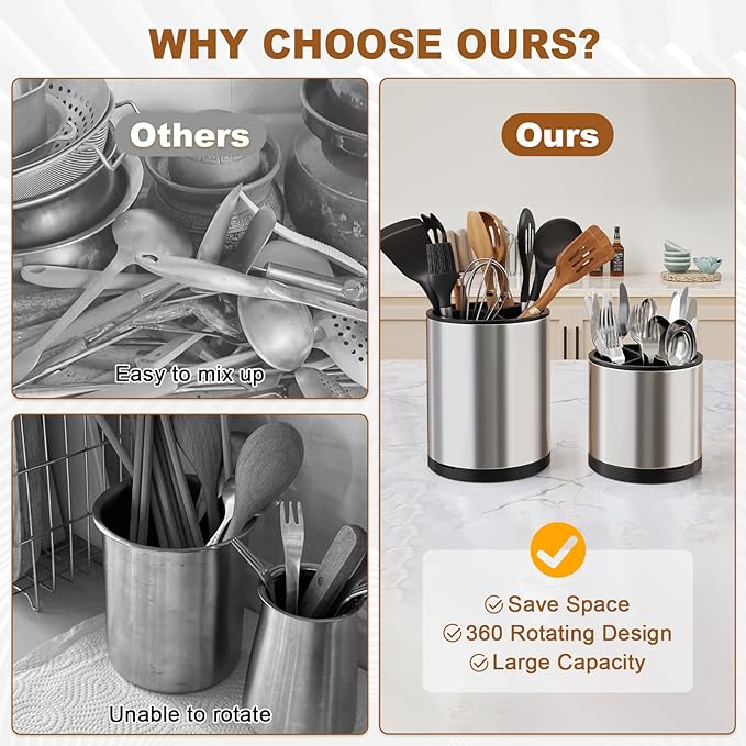Extra Large Utensil Holder for Kitchen Counter, 360°Rotating Cooking Utensils Holder for Countertop, Stainless Steel Utensil Crock for Spatula,Spoon, 3 Compartment Metal Silverware Crocks for Flatware