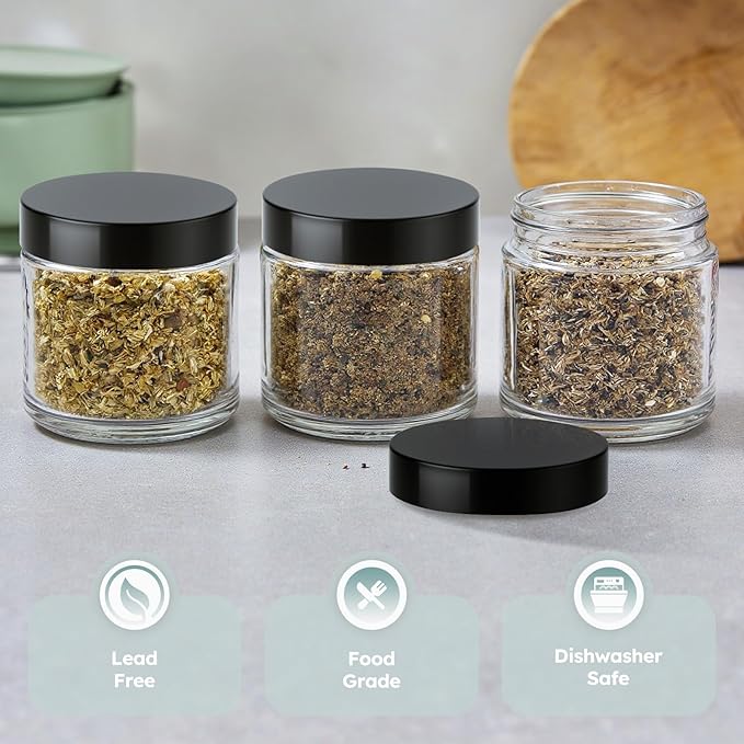 4 oz Glass Jars with Lids, 24 Pack Clear Small Glass Jars with Black Lids Leakproof Round Airtight Empty Cosmetic Travel Containers with Inner Liners For Lotions Powders and Candle Making