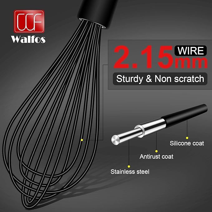 Walfos Silicone Whisk With 8in Rest,Whisks for Cooking Non Scratch,7.5+9+11in Whisk for Nonstick Cookware,Dishwasher Safe,Rest for Kitchen Counter Wisk Perfect for Blending, Baking, Beating, Set of 4
