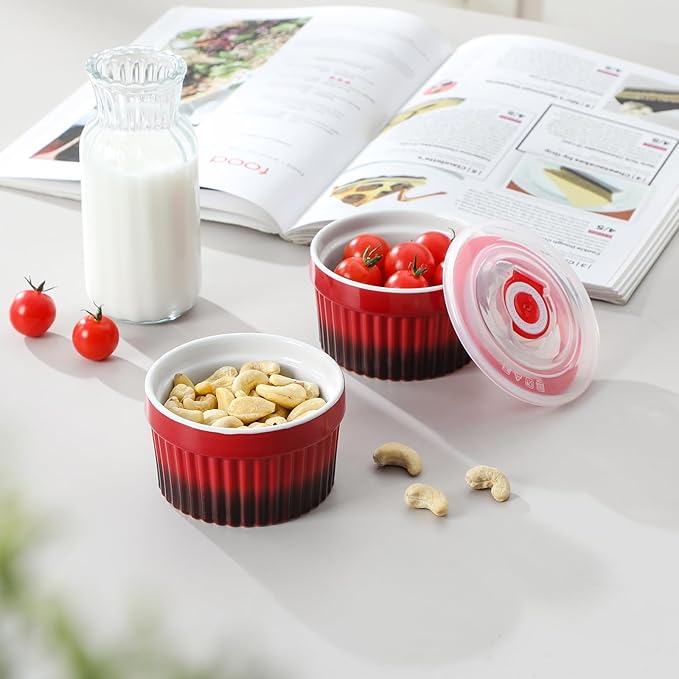 vancasso 6 oz Ramekins with Lid, Porcelain Creme Brulee Souffle Dishes, Red Pudding Custard Cups Ramiken for Baking, Dishwasher and Oven Safe, Set of 6