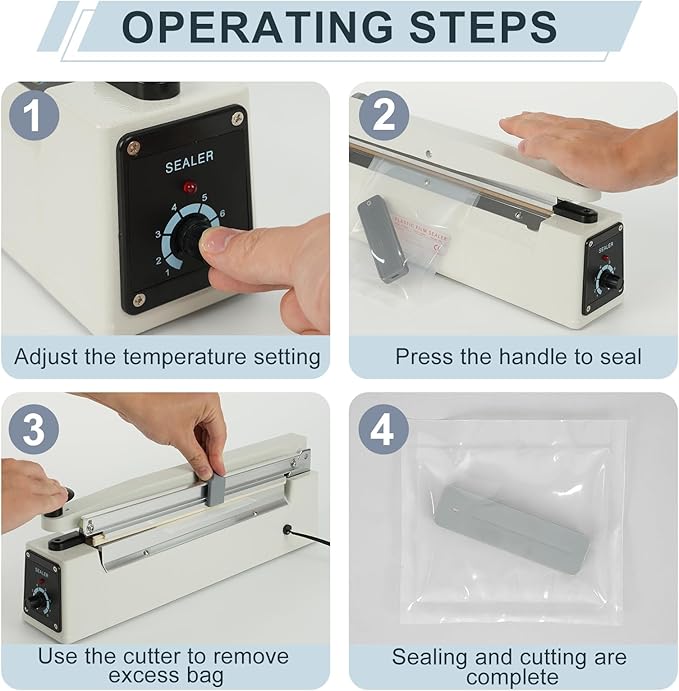 Impulse Heat Sealer with Sealing Bar: Heavy-Duty Bag Sealer with Extra Cutting Blade (White, 12-Inch)