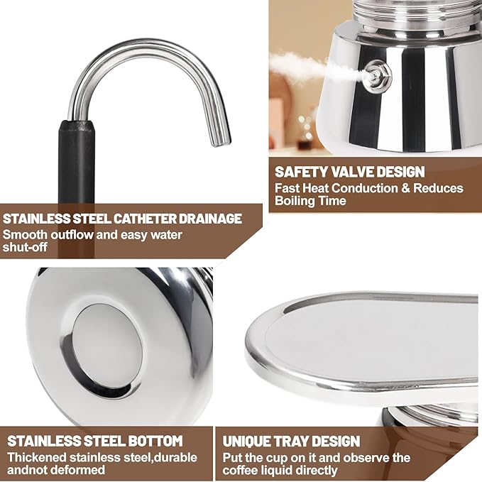 4 Cup Single Tube Moka Pot Stainless Steel Stovetop Espresso Maker Cafeteras Italian Percolator Espress Makers Capable Greca Mocha Coffee Machine for Induction Home 310ml 10.5oz