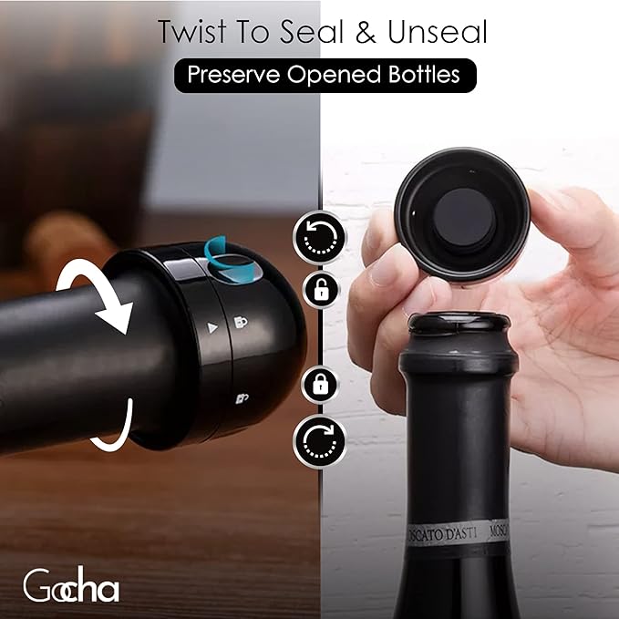 GOCHA | Vacuum Wine & Champagne Preserver Set | Built-in Vacuum Seal Technology | 1.5 inch Silicone Twist Top | Reusable, Leak Proof Cork | (Pack of 4, 2 Wine + 2 Champagne)