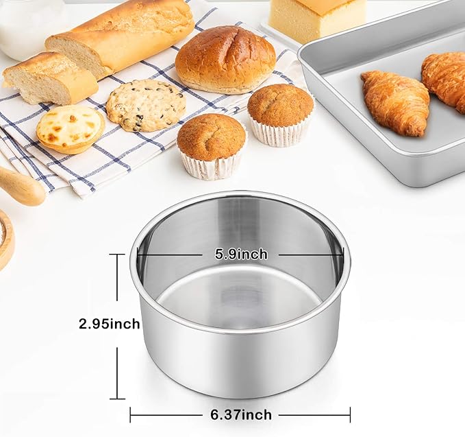 P&P CHEF 6 Inch Cake Pans Set, Round Baking Pan Stainless Steel Layer Birthday Wedding Cake Oven Pans, Non Toxic & Heavy Duty, Deep Side & Mirror Finish, Dishwasher Safe, (4Pcs)