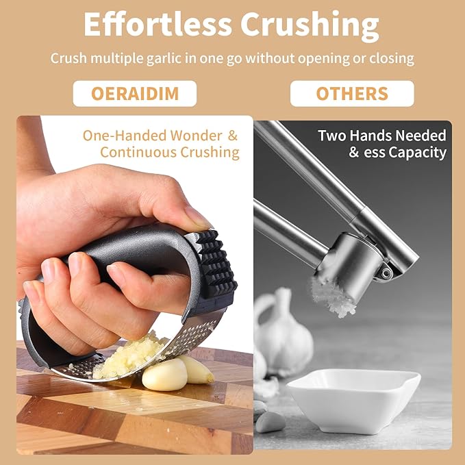 Garlic Press Rocker - Stainless Steel Garlic Mincer, Garlic Chopper, Garlic Crusher with Garlic Peeler and Cleaning Brush for Effortless Smashing Garlic.
