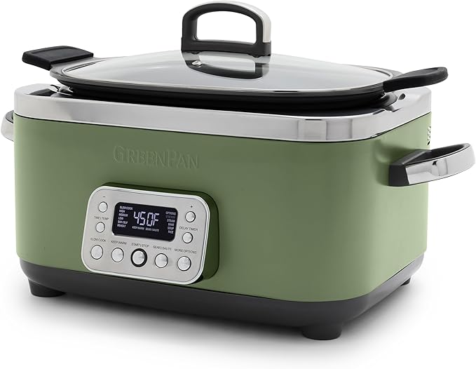 GreenPan Elite 14-in-1 Nonstick 6QT Electric Slow Cooker, PFAS-Free Ceramic Multi-Cooker, In-Pot Browning, Dishwasher Safe Lid & Removable Crock, Stainless Steel Steamer, Silicone Handles, Sage Green