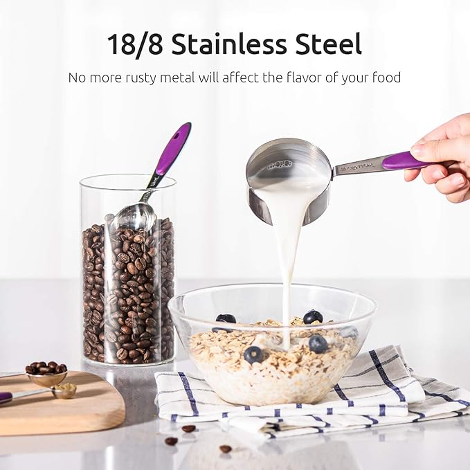 U-Taste 18/8 Stainless Steel Measuring Cups and Spoons Set of 10 Piece, Upgraded Thickness Handle and 1.5oz Heat Resistant Angled Turkey Baster with Cleaning Brush for Cooking Basting (Purple)