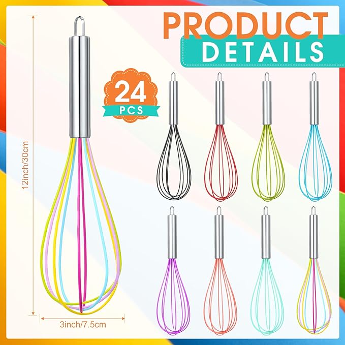 Domensi 24 Pcs 12 Inch Whisks Bulk for Cooking Silicone Whisks Non Scratch Stainless Steel Wisks Large Coated Metal Heat Resistant Egg Beaters for Cooking Party Favor Gift Supplies