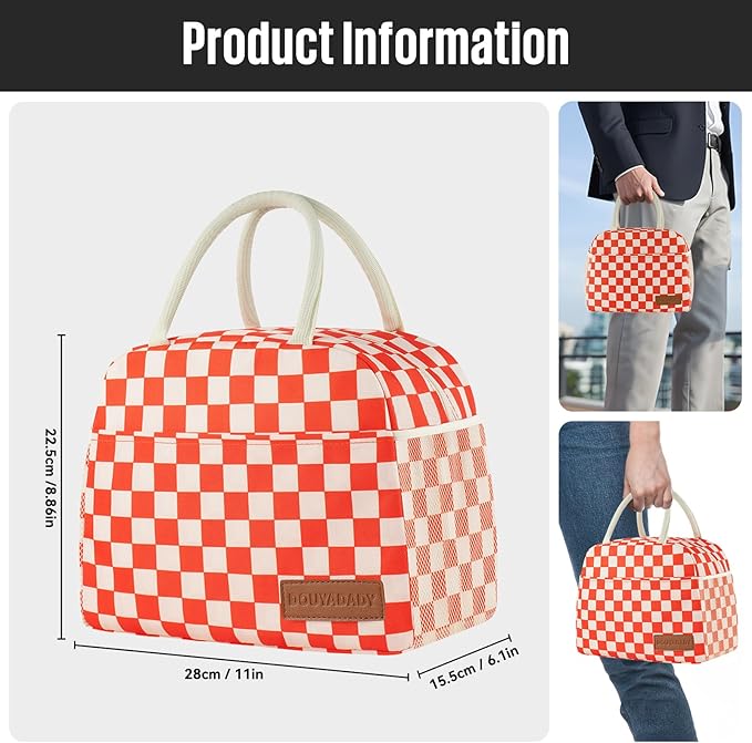 douyadady Lunch Bag Women/Men Lunch Box Women/Men (Red+Beige Checkerboard)