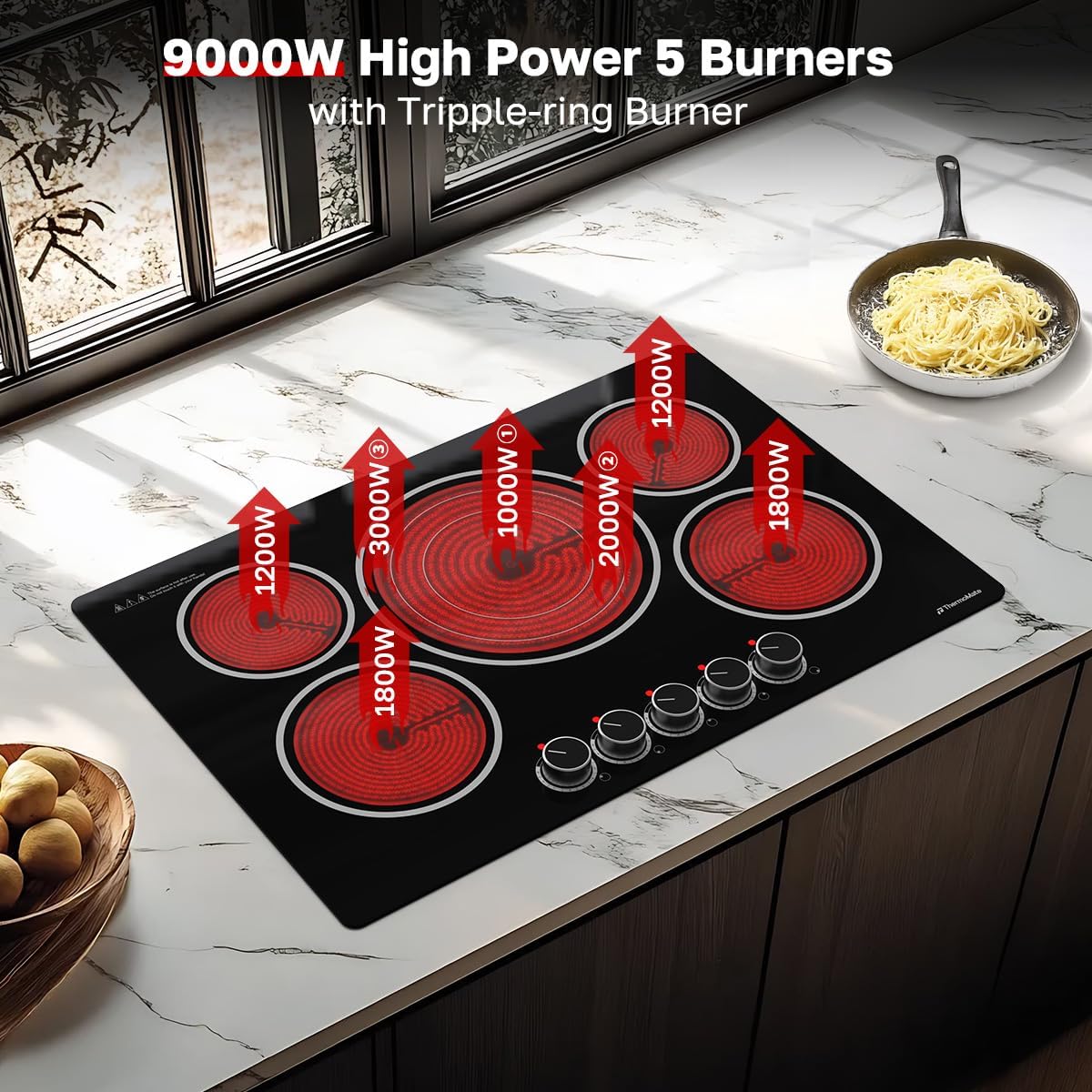 ThermoMate 30 Inch Electric Cooktop, 5 Burners Knob Control Built-in Ceramic Cooktop, 30" Radiant Electric Stove Top of 9000W with 9 Heat Levels, Hot Surface Indicator, 220-240v, Hard Wired