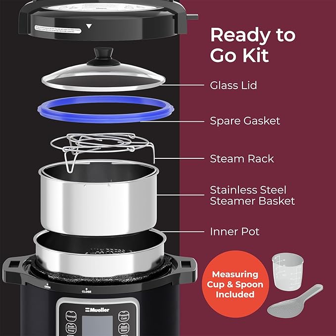 Mueller 6 Quart Pressure Cooker 10 in 1, Cook 2 Dishes at Once, Tempered Glass Lid incl, Saute, Slow Cooker, Rice Cooker, Yogurt Maker and Much More