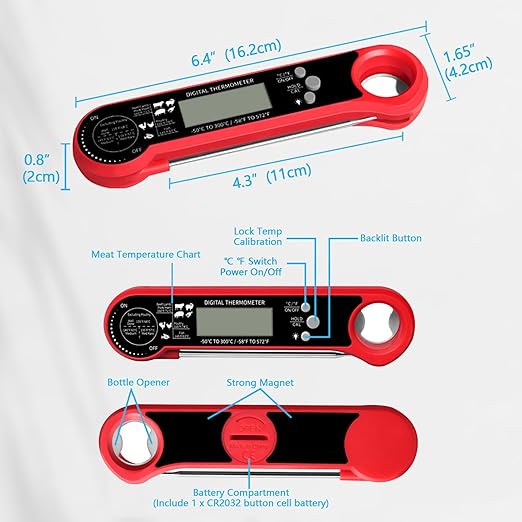 Digital Meat Thermometer for Grill, Instant Read Food Thermometer with Waterproof, Auto-Rotating Backlit Display, Calibration, Foldable Probe