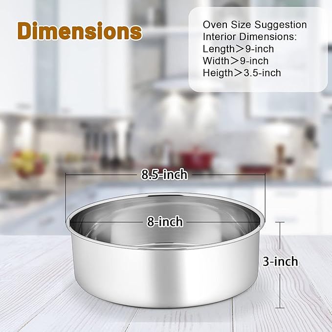 P&P CHEF 8 Inch Cake Pans Set, Round Baking Pan Stainless Steel Layer Birthday Wedding Cake Oven Pans, Non Toxic & Heavy Duty, Deep Side & Mirror Finish, Dishwasher Safe, (3Pcs)