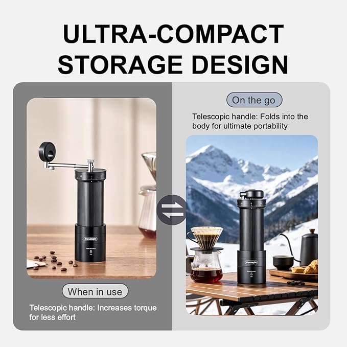 V4 Manual Coffee Grinder with Foldable Handle and External Adjustment, Espresso Drip Coffee Grinder with Aluminum Alloy Body & Stainless Steel Burr for Consistent Grind – Travel Camping Home Use