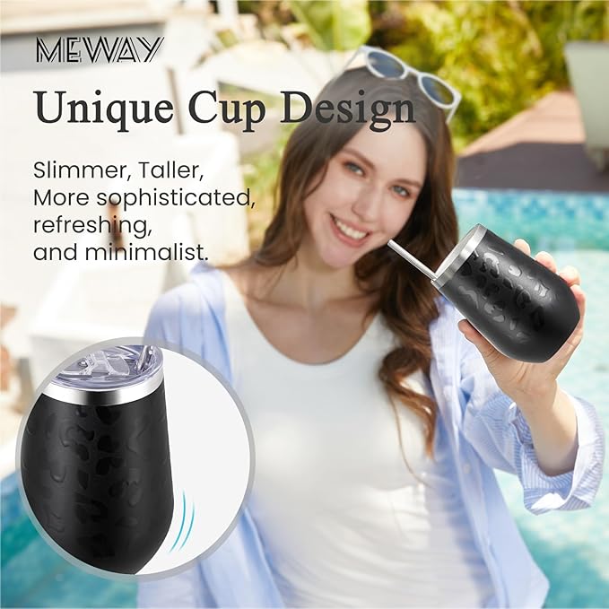 MEWAY 12oz Insulated Wine Tumbler Set of 8 - Double Wall Stainless Steel Stemless Wine cups Glasses with Lids, Gift for Family and Gifts, Prizes for adults(Black Leopard,Set of 8)