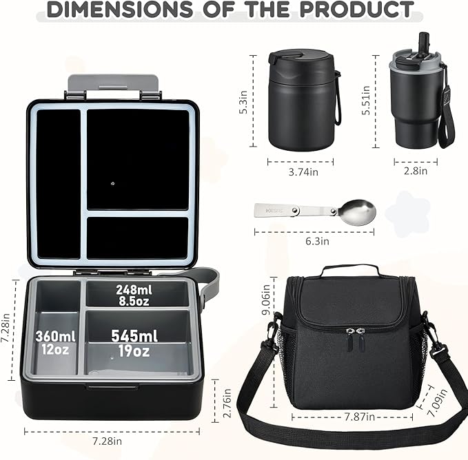 Pawtong Lunch Box Set with Bento Box Container, 17OZ Stainless Steel Food Soup Thermo, Kids Water Bottle & Portable Insulated Lunch Bag – Leakproof, Hot/Cold Retention for School, Travel (Black)