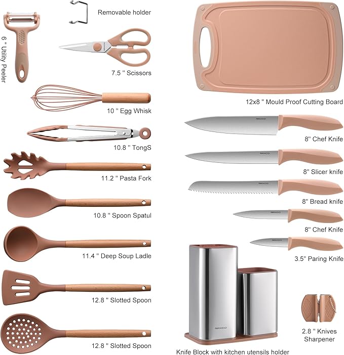 RAXCO Utensil Sets,18-Piece Silicone Cooking Utensils and Kitchen Accessories with Holder,Mousse
