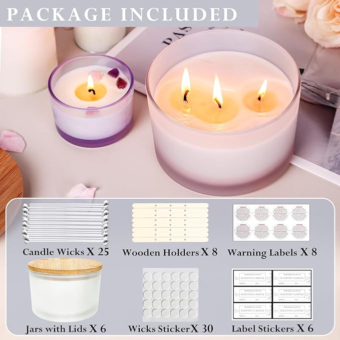 CONNOO 24oz Frosted Glass Candle Jars 6 Pack, Multi-Wick Wide Mouth Empty Bulk Candle Containers for Making Candles with Airtight Bamboo Lids, Sticky Warning Labels, Wick kit- Dishwasher Safe