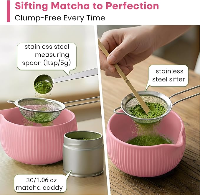 Matcha Whisk Set, 15PCS Ceramic Matcha Bowl Kit, Includes Bamboo Whisk & Holder, Glass Measuring Cup, Caddy, Sifter, Scoop, Tea Towel, Tea Mat, Making Sets for Lovers, Pink