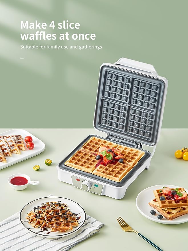 Belgian Waffle Maker 4 Slices, 1200W Waffle Iron, Anti-Overflow Waffle Iron with Browning Knob, Nonstick Plates, Indicator Lights, Silver/Black (White)