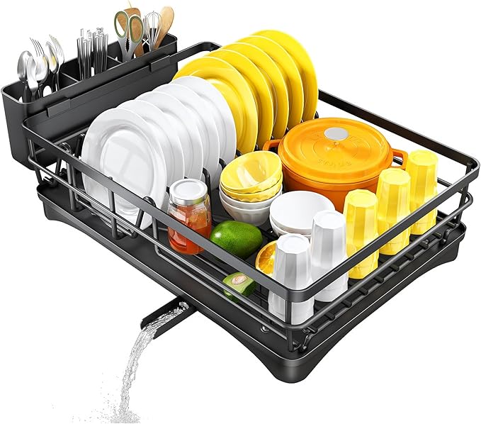 SNTD Dish Drying Rack for Kitchen Counter - Large Dish Rack with Drainboard, Rustproof Dish Drainer with Utensil Holder for Sink, Black