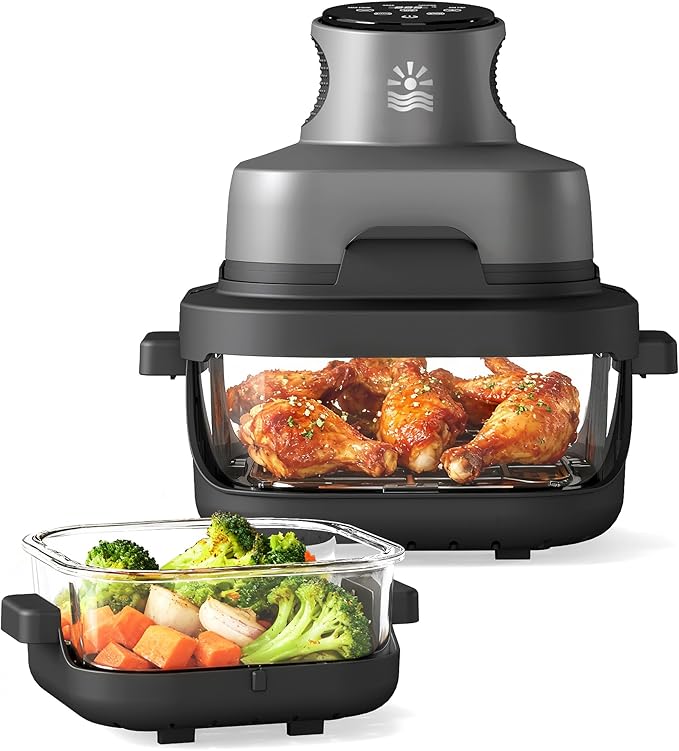 4-in-1 Portable Glass Air Fryer - 1500W, 4.2QT & 1.6QT Dual Glass Containers with Lids, Non-Toxic, 400°F Precise Heat, Max Crisp | Bake | Air Fry | Recrisp, Microwave, Freezer & Dishwasher Safe