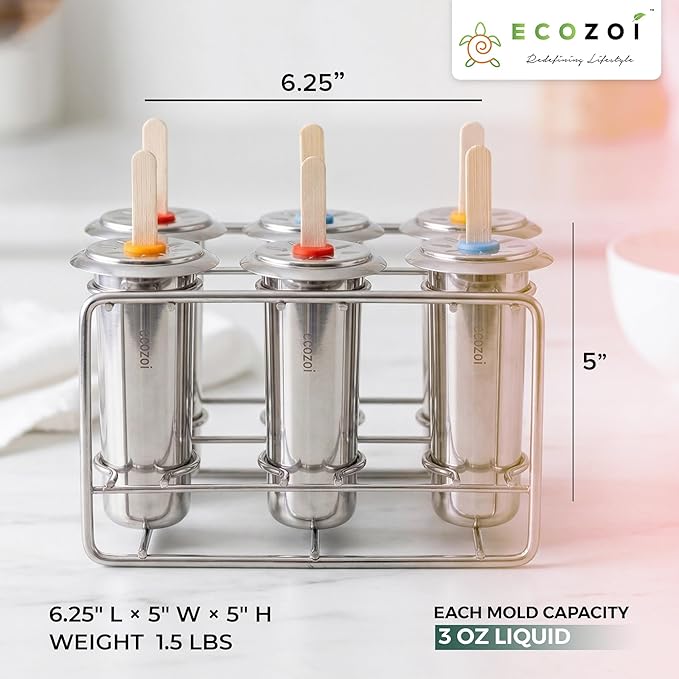 Ecozoi Stainless Steel Popsicle Molds, 6 Metal Ice Popsicle Makers, 30 Reusable Bamboo Sticks, 12 Silicone Seals and 1 Rack, Eco Popsicle Molds for Kids and Adults, 3 oz Per Mold (Round)