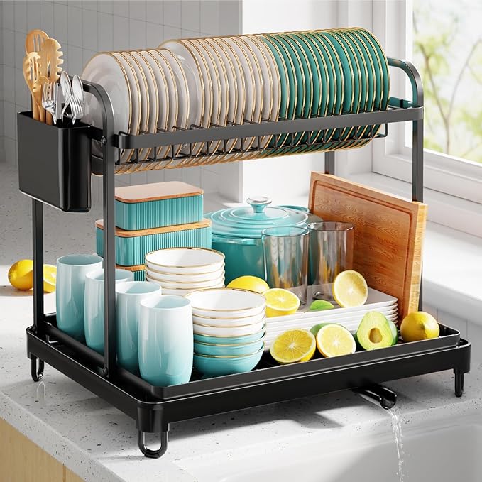 Sakugi 2-Tier Dish Drying Rack - Stainless Steel Dish Rack with Cutlery & Utensil Holders for Kitchen Counter, Sink Organization and Storage for Small Family, 16.7" W x 12.7" L x 15.8" H, Black