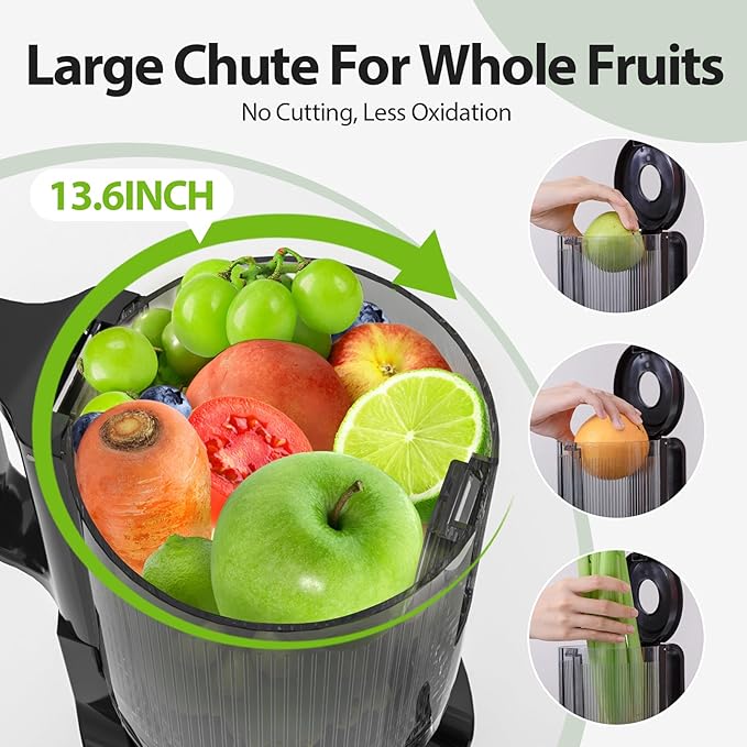 Cold Press Juicer with Whole Feed Chute, Aeitto Masticating Juicer Machines, Juice Extractor Machine Easy to Clean, High Juice Yield, For Whole Vegetables and Fruits, Easy to Assemble, Onyx Black