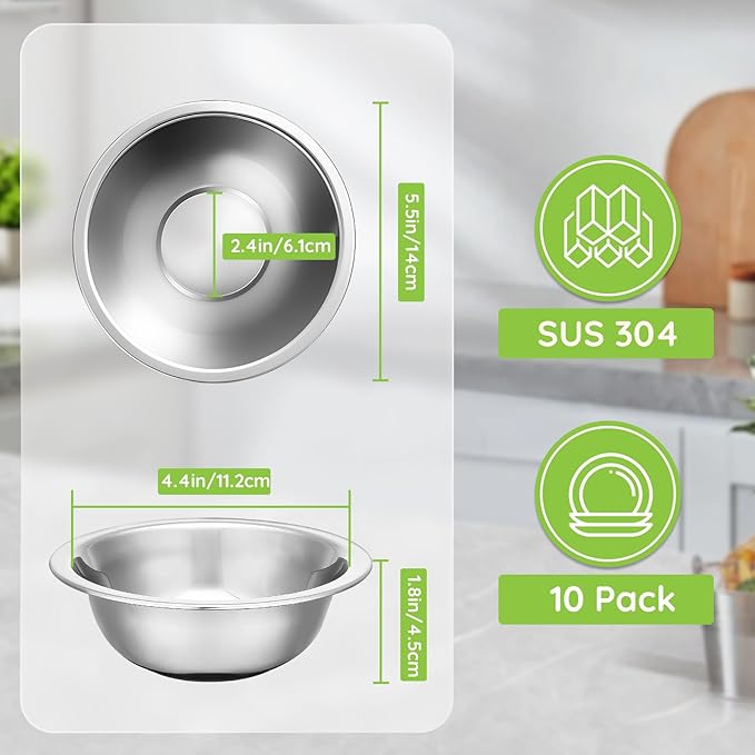 304(18/8) Stainless Steel Mixing Bowls for Kitchen, 10 Pack 5.5" Small Metal Mixing Cooking Bowls Set Stackable for Baking Serving Cooking Food Prep Storage Dishwasher Safe Lightweight