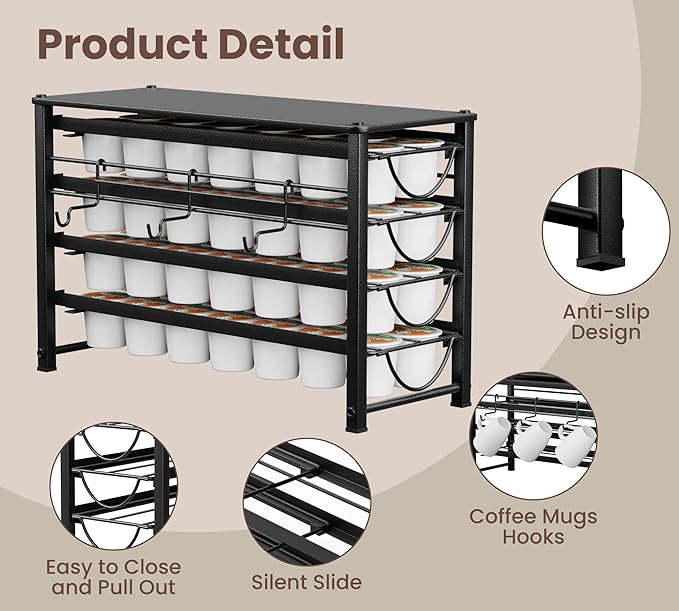 HFHOME Coffee Pod Organizer for Countertop, 4-Tier Metal Storage Drawer, Holds 56 Capsules, Coffee Station Holder for Kitchen, Office, or Home, 3 cup rack, Black
