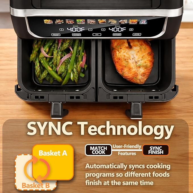 Simple Deluxe 9.5-Qt Dual Basket Air Fryer, 10-in-1 Digital Preset 1700W Airfryer, Sync Cook, Independent Temp Control, Shake Reminder, Nonstick Basket, Black