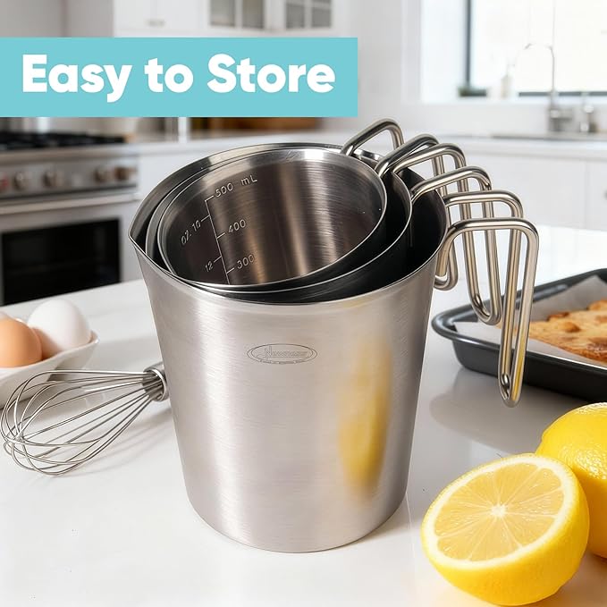 Newness 3-Pack Stainless Steel Measuring Cups Set, (3 Marking Including Cup/ML/Oz Scale) (2, 3 & 4 Cup) Metal Measuring Cup with Handle For Prepping, Baking and Cooking, Dishwasher, Microwave Safe