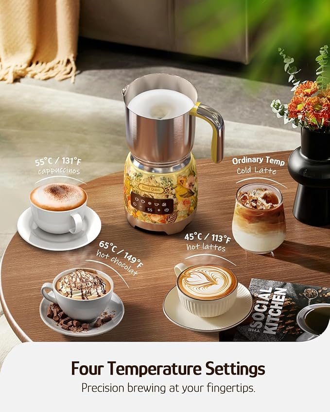 Hazel Quinn Milk Frother - Hot and Cold Detachable Milk Frother with Adjustable Temperature & Foam Thickness, Dishwasher Safe, for Latte/Cappuccino/Hot Chocolate, 400ML (13.5oz) - Floral Printed
