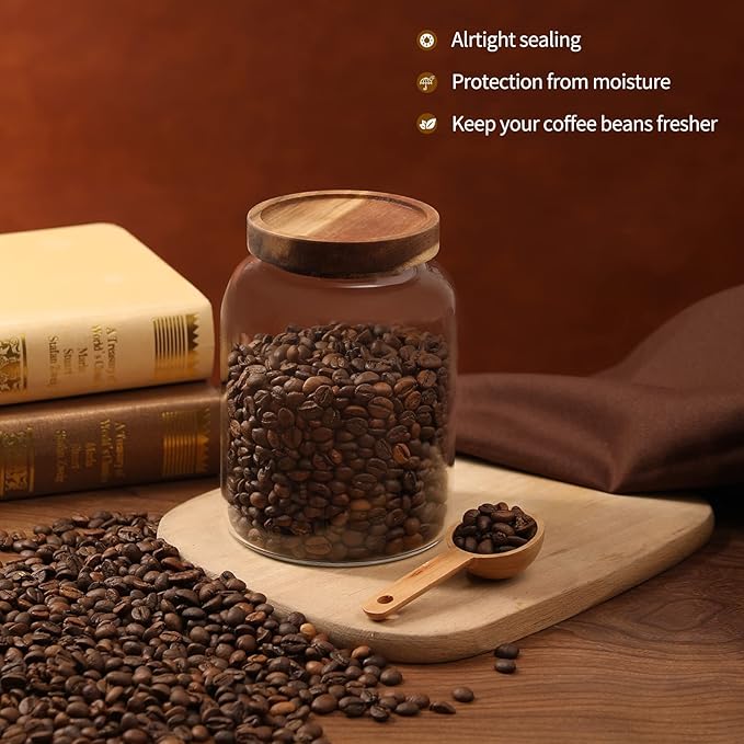 Glass Coffee Storage Jar with Lids Spoon Thicken Glass Coffee Canister Borosilicate Glass Food Containers for Ground Coffee Beans Nut Pasta Sugar Candy Spice Rice Loose Tea