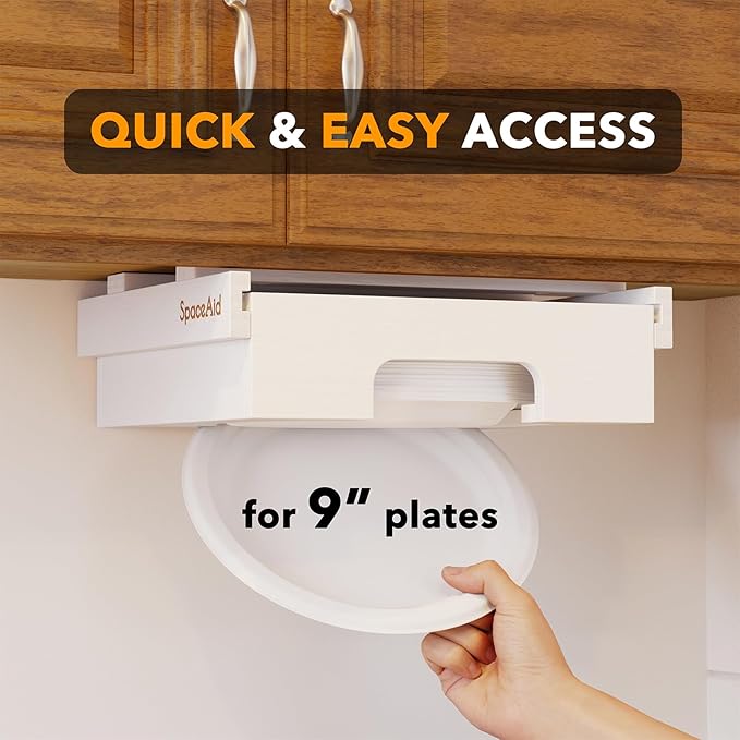 SpaceAid 9-inch Paper Plate Dispenser (Need 10.2 Inches Deep Cabinet Space) Under Cabinet Bamboo Plates Holder, Kitchen Vertical Dipensers Caddy, White