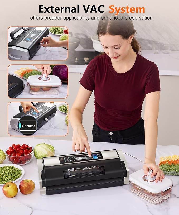 95kPa Vacuum Sealer Commercial Automatic Food Vacuum Sealer, 10-in-1 System, Auto Pop-Up Cover, Double Heat Seal, Easy-Lock Handle, Built-In Cutter with 1 Roll & 15 Bags, Black Silver