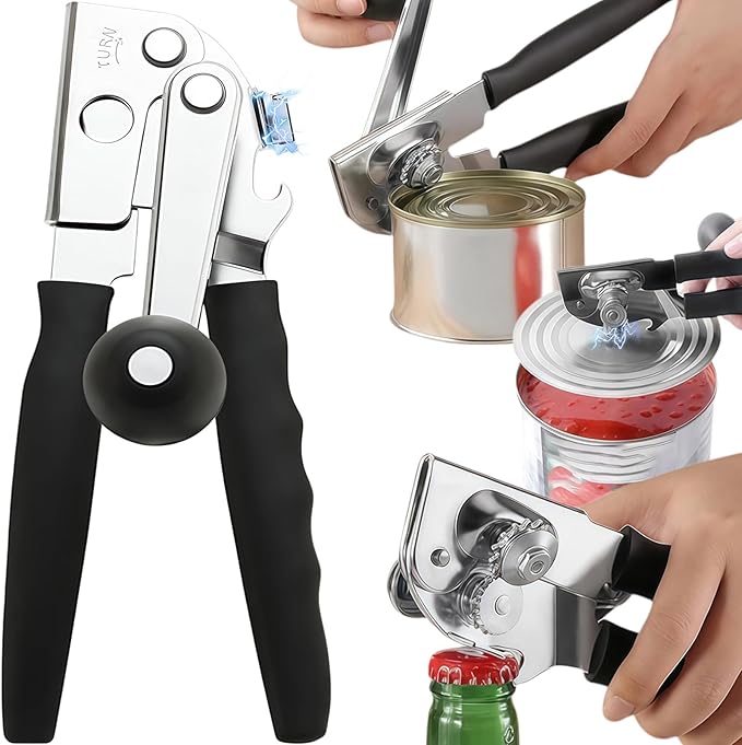 Commercial Heavy Duty Manual Can Opener for Seniors & Arthritis, Stainless Steel with Magnetic Lid Lifter, Smooth Edge Safe Cut, Open for Large Cans, Kitchen & Camping & Commercial with Bottle Opener