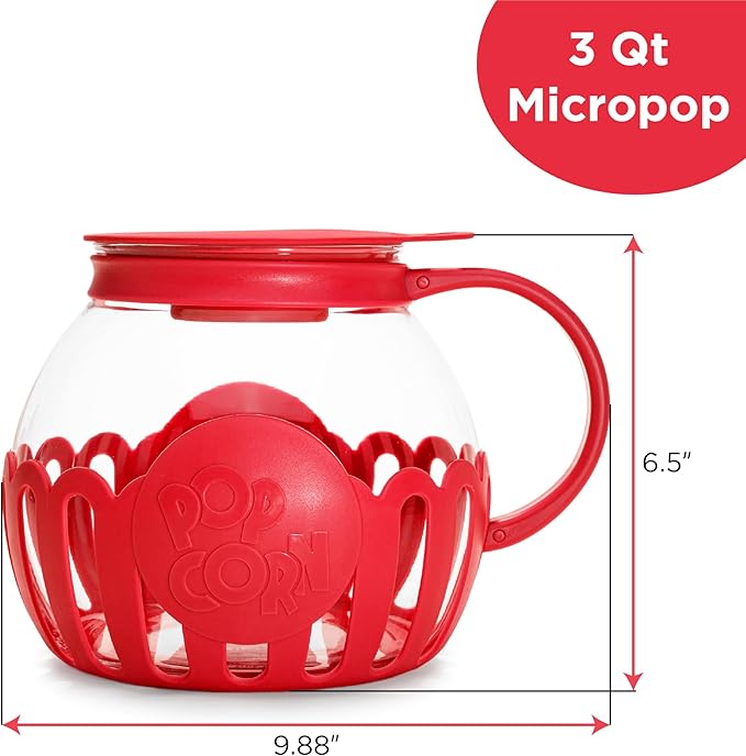 Ecolution Patented Micro-Pop Microwave Popcorn Popper with Temperature Safe Glass,3-in-1 Lid Measures Kernels and Melts Butter,Made Without BPA,Dishwasher Safe,3-Quart,Red,(Pack of 4)