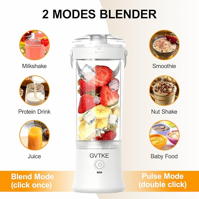 Portable Blender Dual Mode 18000RPM 20Oz Blending Cup Ice Crushing Smoothie Frozen Fruit Mini Home Gym Travel(White)