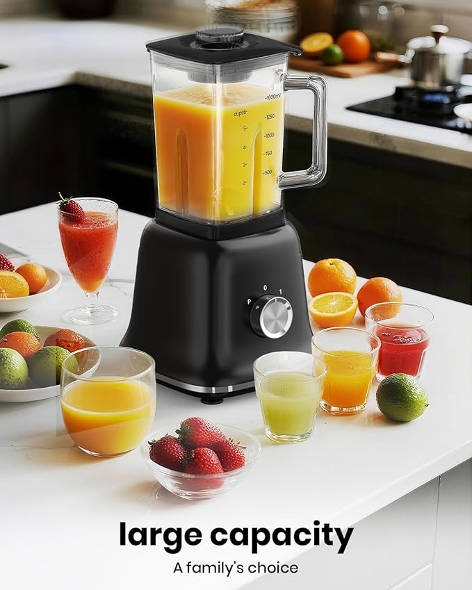 Professional Blender For Smoothies, 58 Oz Glass Jar, Glass Blender Including Puree & Crush Ice Functions, 750 Watts (Black)