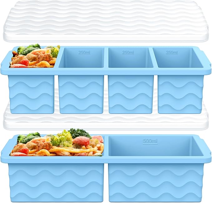 Silicone Freezer Molds for Soup with Lid, 1-Cup & 2-Cup Large Ice Cube Trays Food Storage Containers for Meal Prep, Freeze 500mL/250mL/125mL Portions – 2 Pack