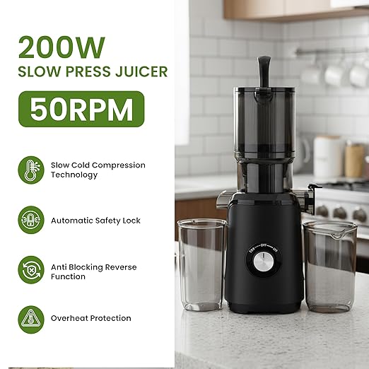 Simple Deluxe Cold Press Juicer, Slow Masticating Juicer Machines with Wide Feed Chute, Fits Whole Fruits and Vegetables, High Juice Yield, BPA Free, Easy to Clean, Black