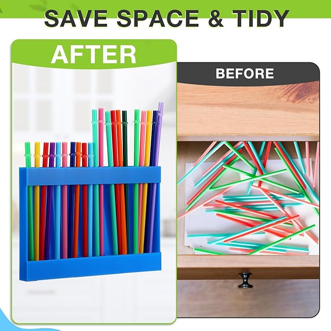 Qinyoung Acrylic Straw Holder for Cabinet Door with Double Sided Adhesive Tape Reusable Straw Organizer Tumbler Storage Kitchen Accessories Container for Counter Cupboard(Classic,Large,Blue)